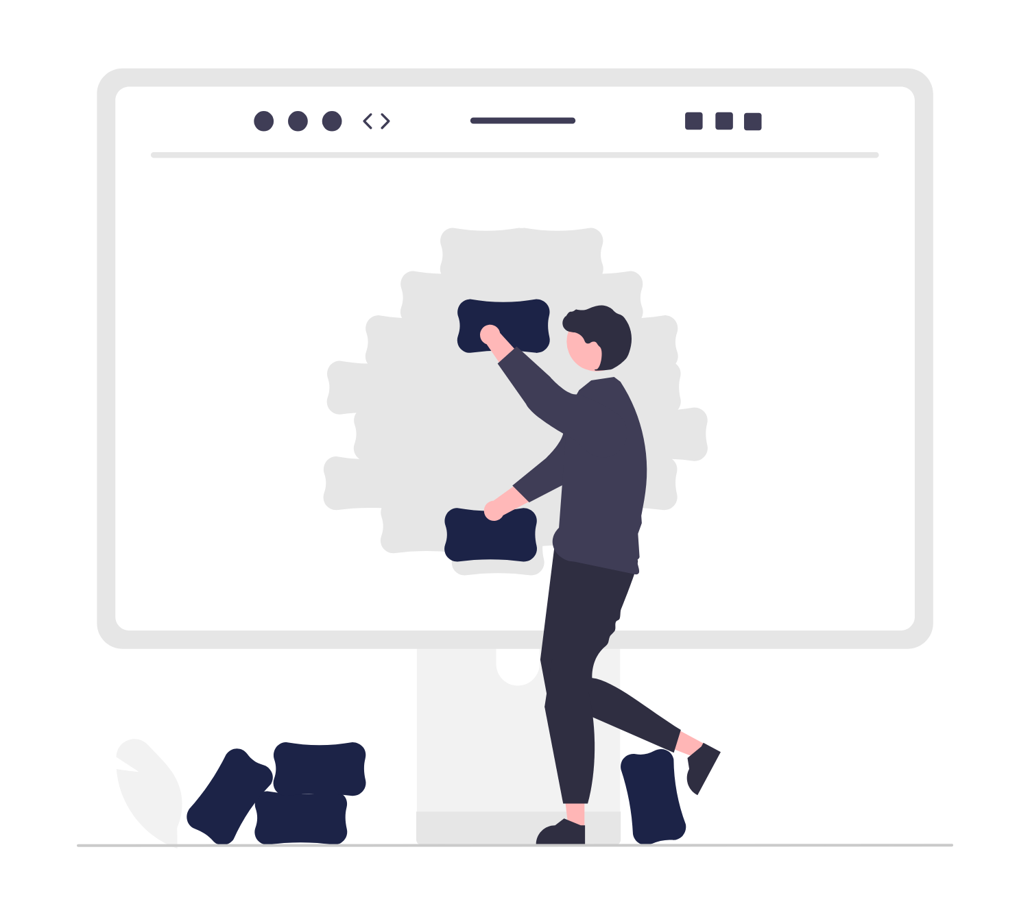 Digital professional building a strategic social media marketing ad campaign for a Parry Sound business, represented by a man arranging blocks on a large desktop monitor.