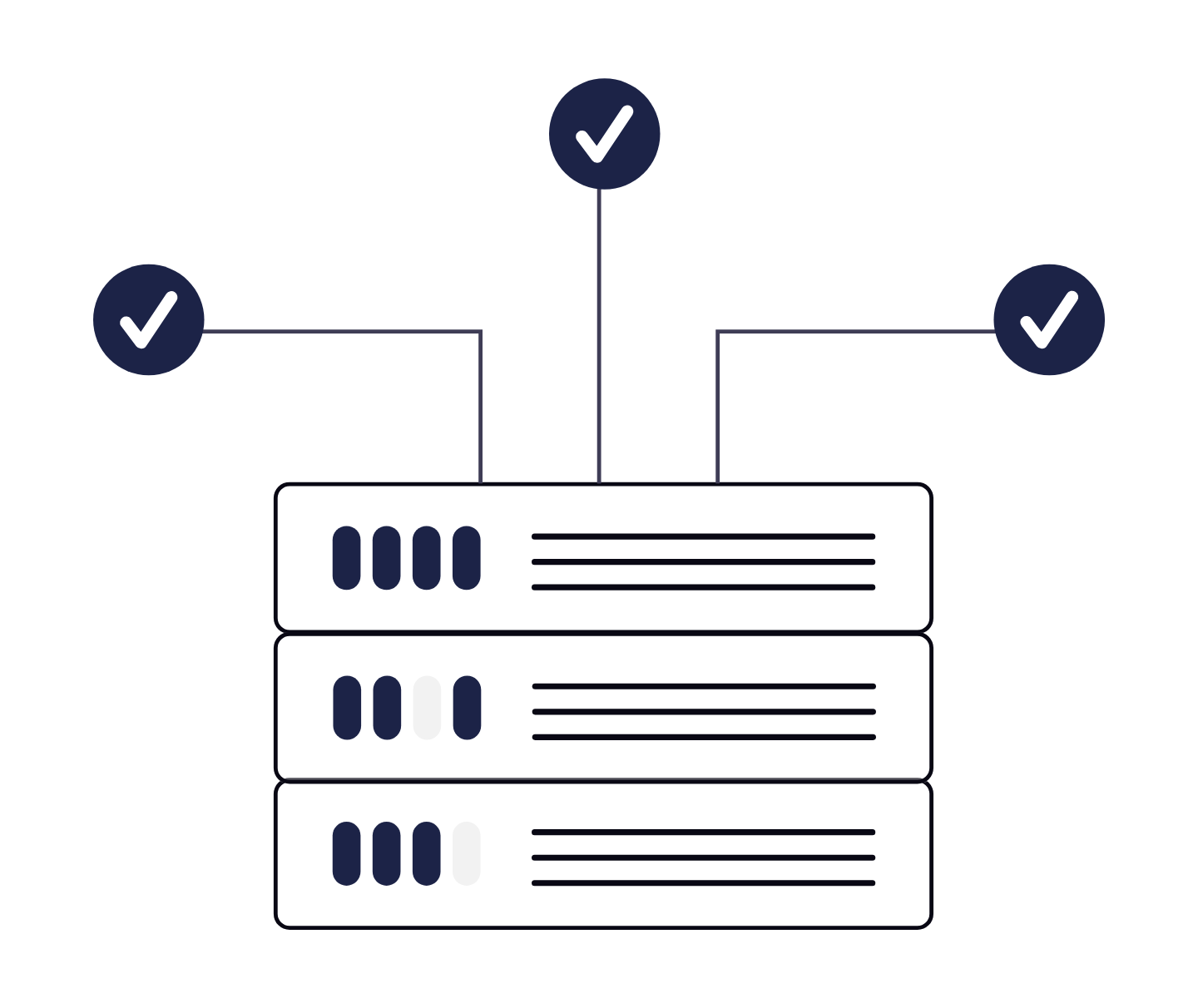 Illustration of a secure web hosting server stack with connected checkmark icons representing reliability, uptime, and managed hosting services.