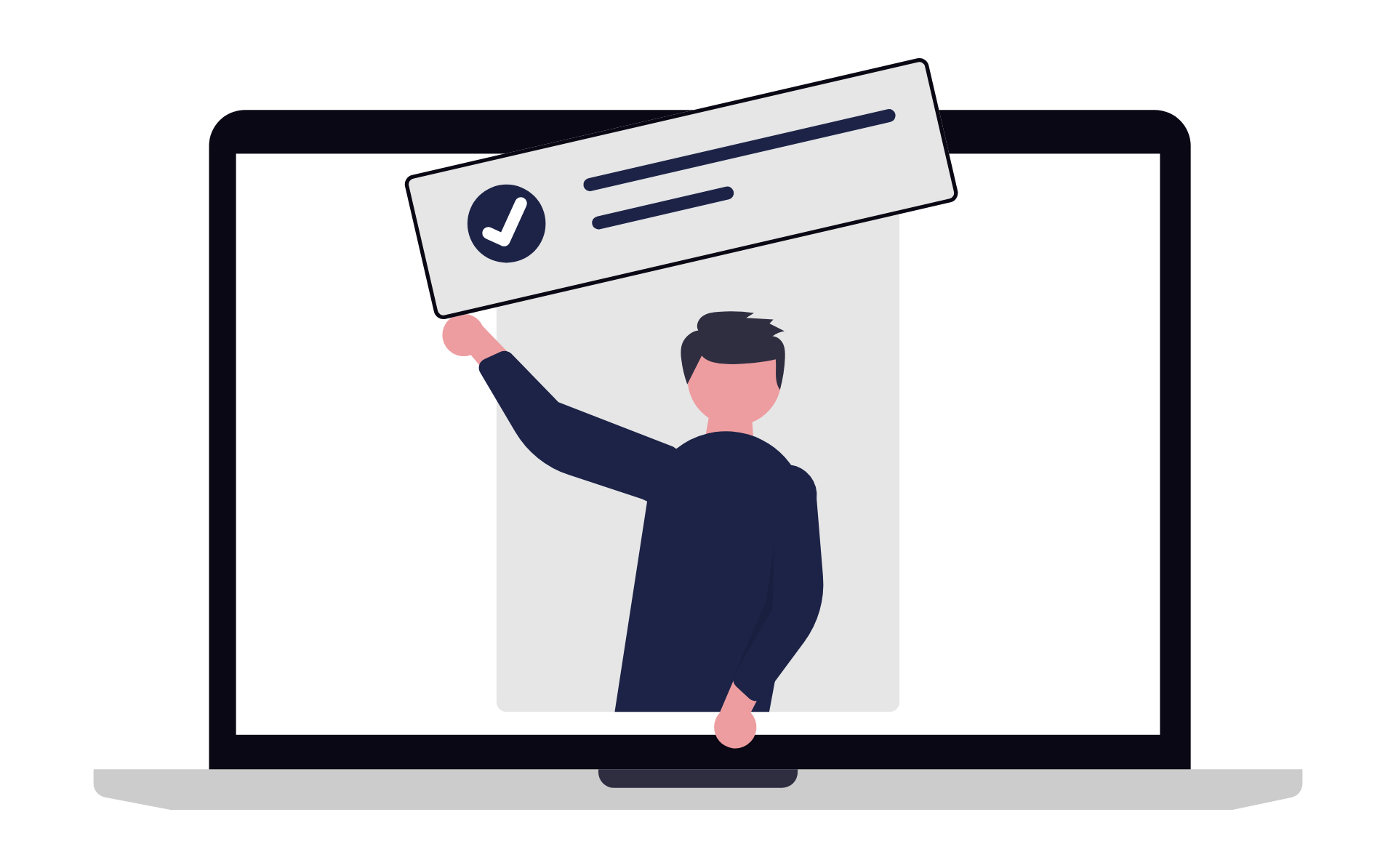 A flat-design illustration of a person inside a laptop screen holding up a search bar with a checkmark, symbolizing successful keyword targeting