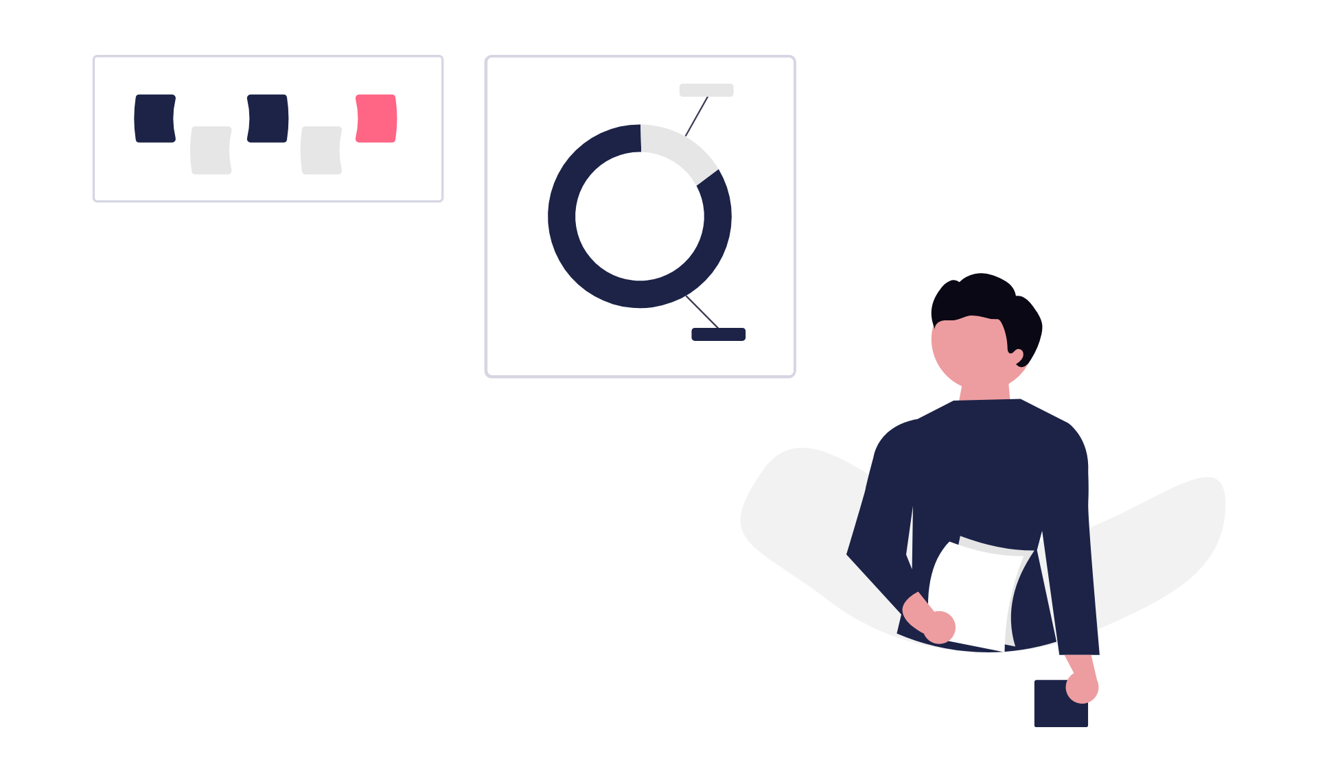 A minimalist, flat-style illustration of a person holding a document, featuring floating data panels with a donut chart and analytics squares in a navy and pink color palette.