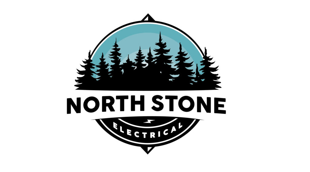 North Stone Electrical logo featuring a circular emblem with a silhouette of evergreen trees against a light blue sky.