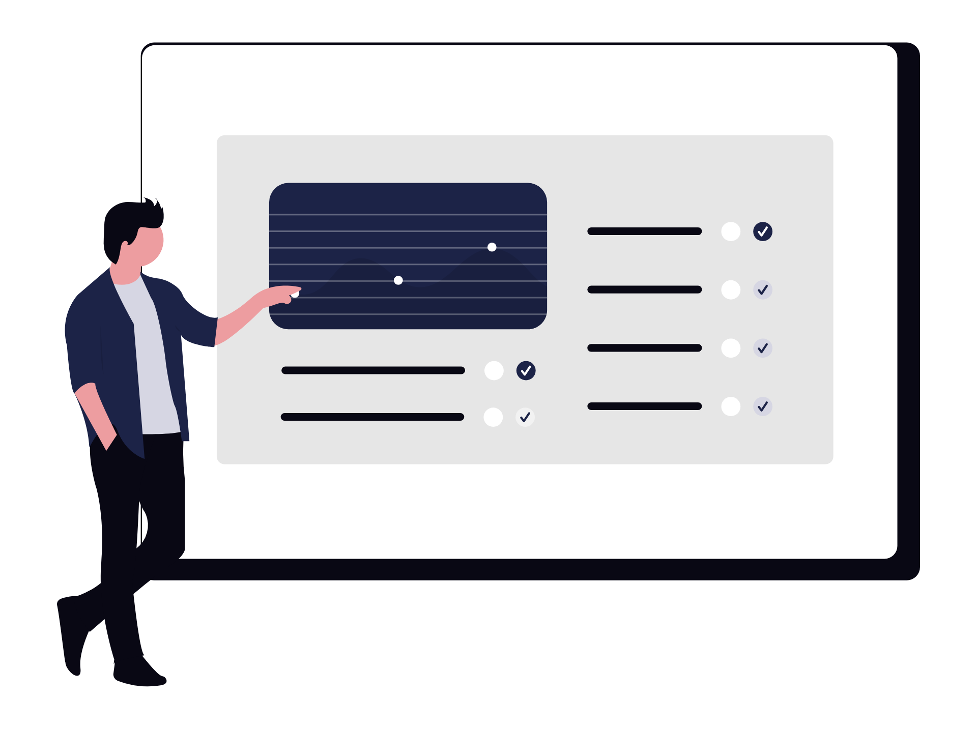 Illustration of a digital marketing expert analyzing a performance dashboard, representing Parry Sound paid ads management and data-driven PPC strategies.
