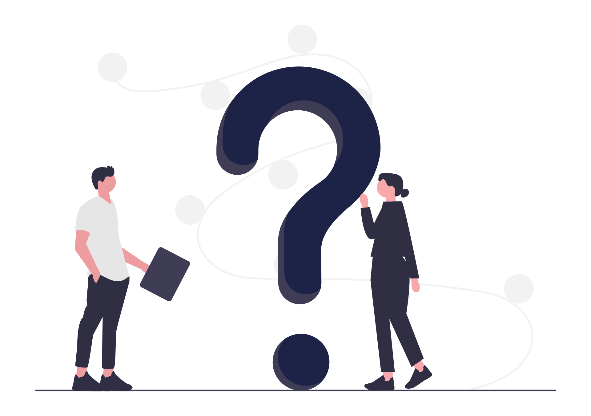 Digital marketing services illustration featuring two professionals analyzing a giant question mark, symbolizing problem-solving, consumer inquiries, and strategic market research.