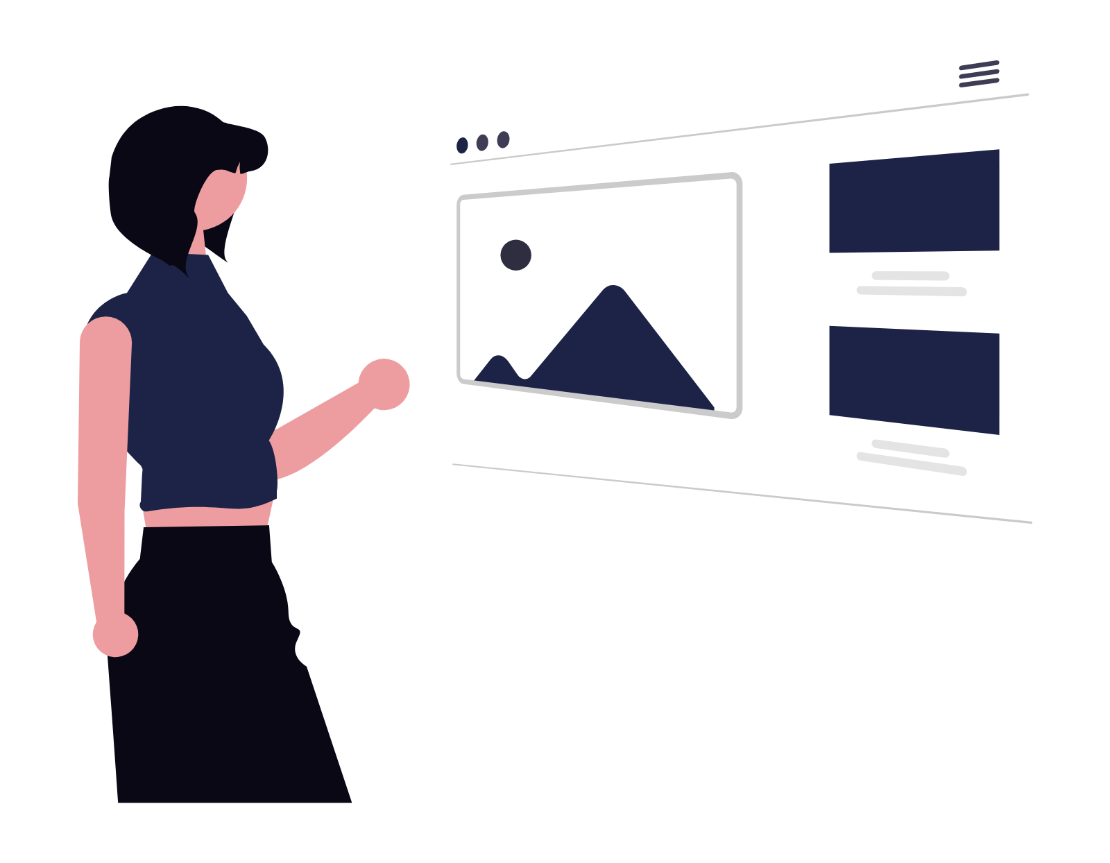 Flat vector illustration of a female user interacting with a clean, modern website interface featuring image placeholders and a navigation menu, representing user experience (UX) and intuitive web design.