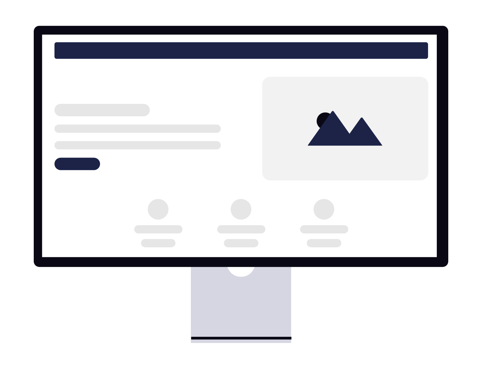 A flat-design illustration of a computer monitor displaying a clean website layout with a hero image placeholder, header, and three feature sections.