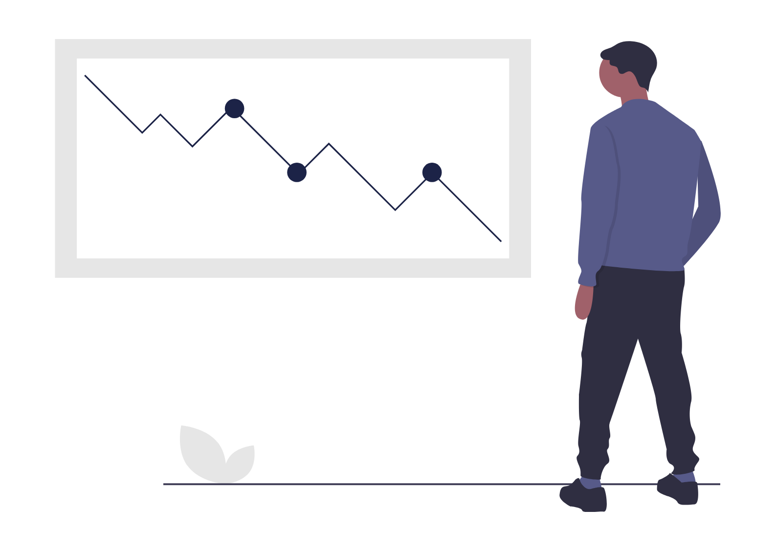 An illustration representing failing Local SEO strategy, showing a business professional analyzing a declining traffic and ranking graph on a digital display.