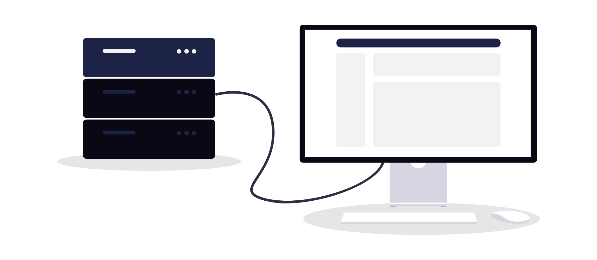 Illustration of a web hosting server connected to a desktop computer displaying a website layout, representing website hosting, server management, and online performance services.