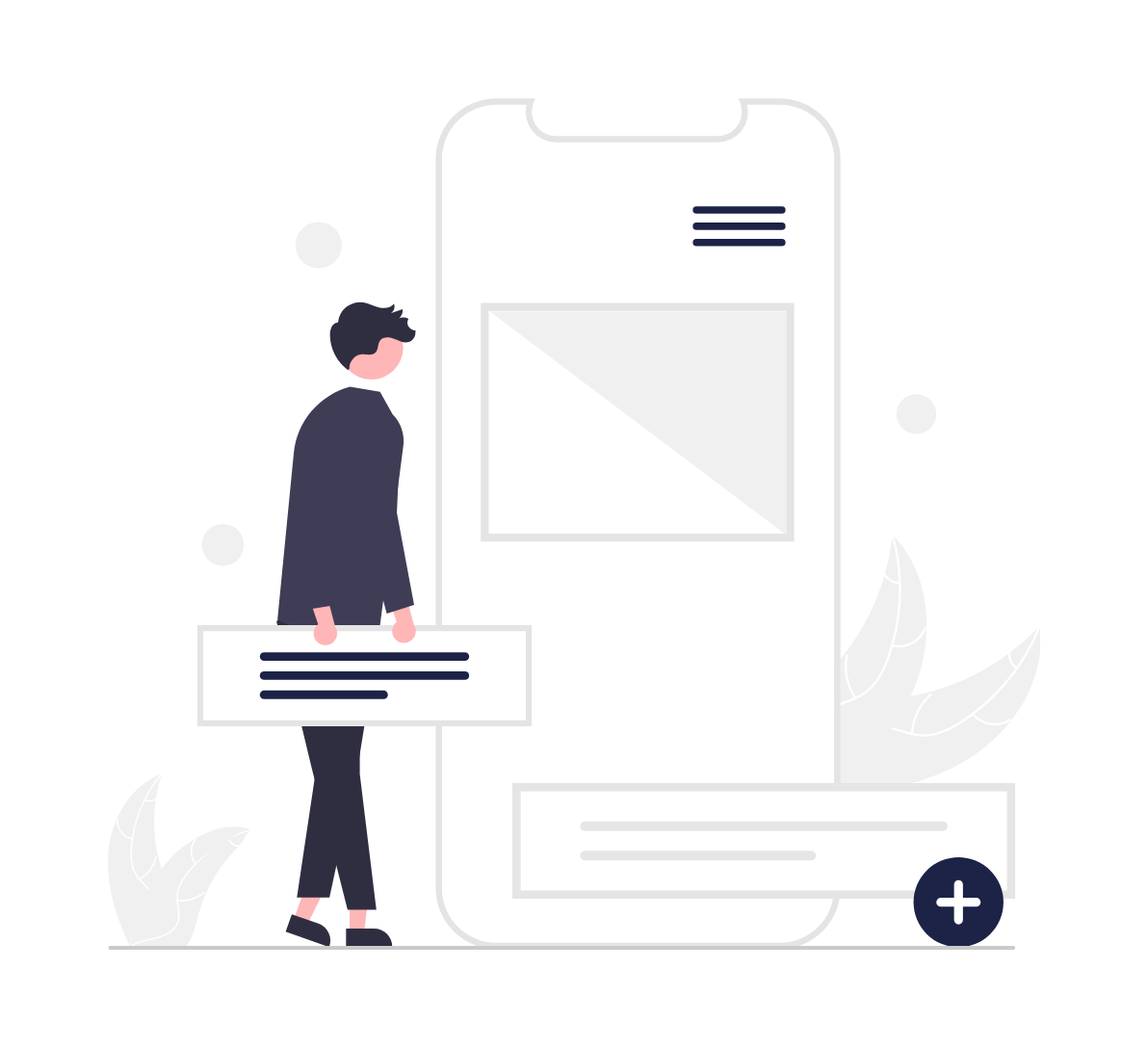 An illustration of a man creating and managing an ad, on a navy background.