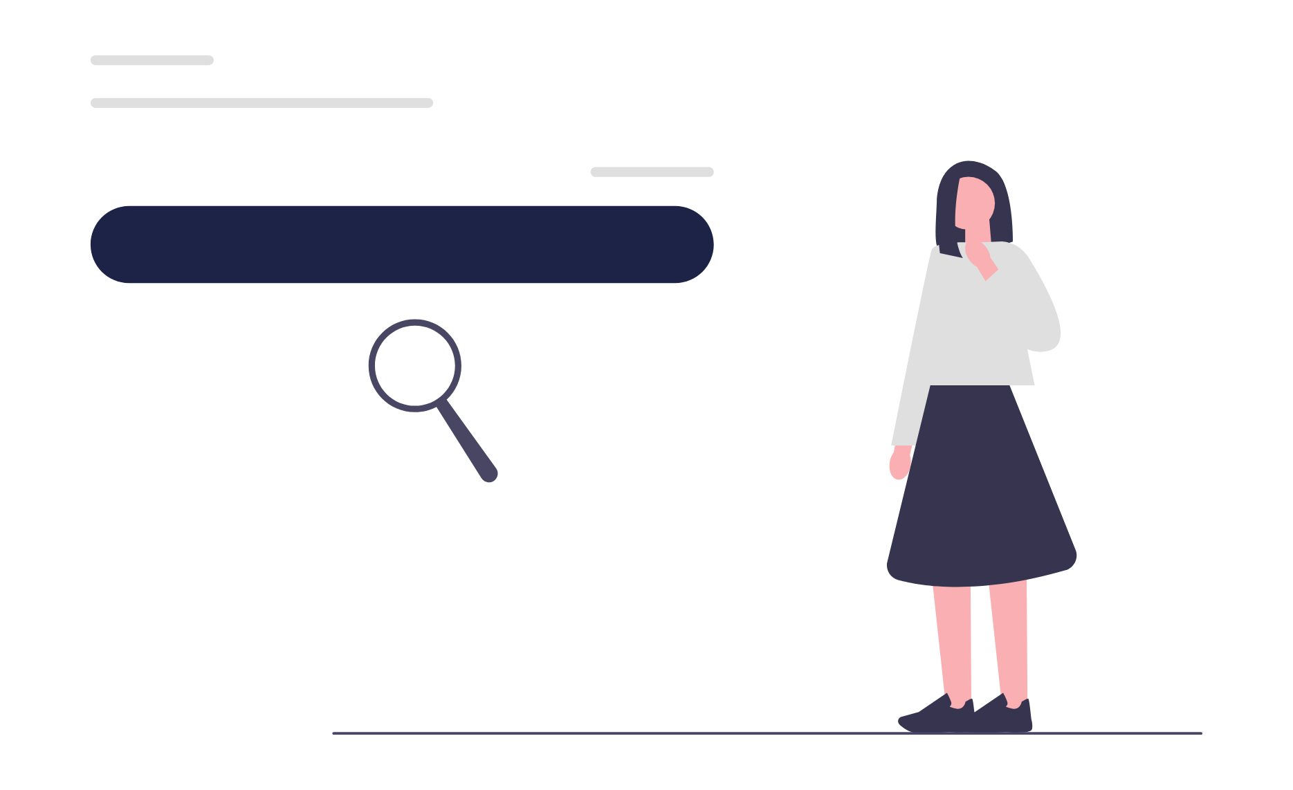 Illustration of a woman standing beside a large search bar and magnifying glass, representing online search, SEO, and digital visibility. Minimal flat design with soft grey and navy tones.