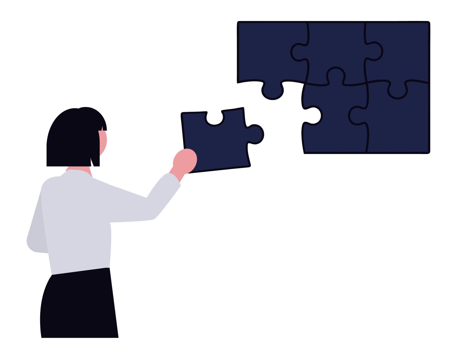 a graphic of a woman solving a dark navy puzzle.