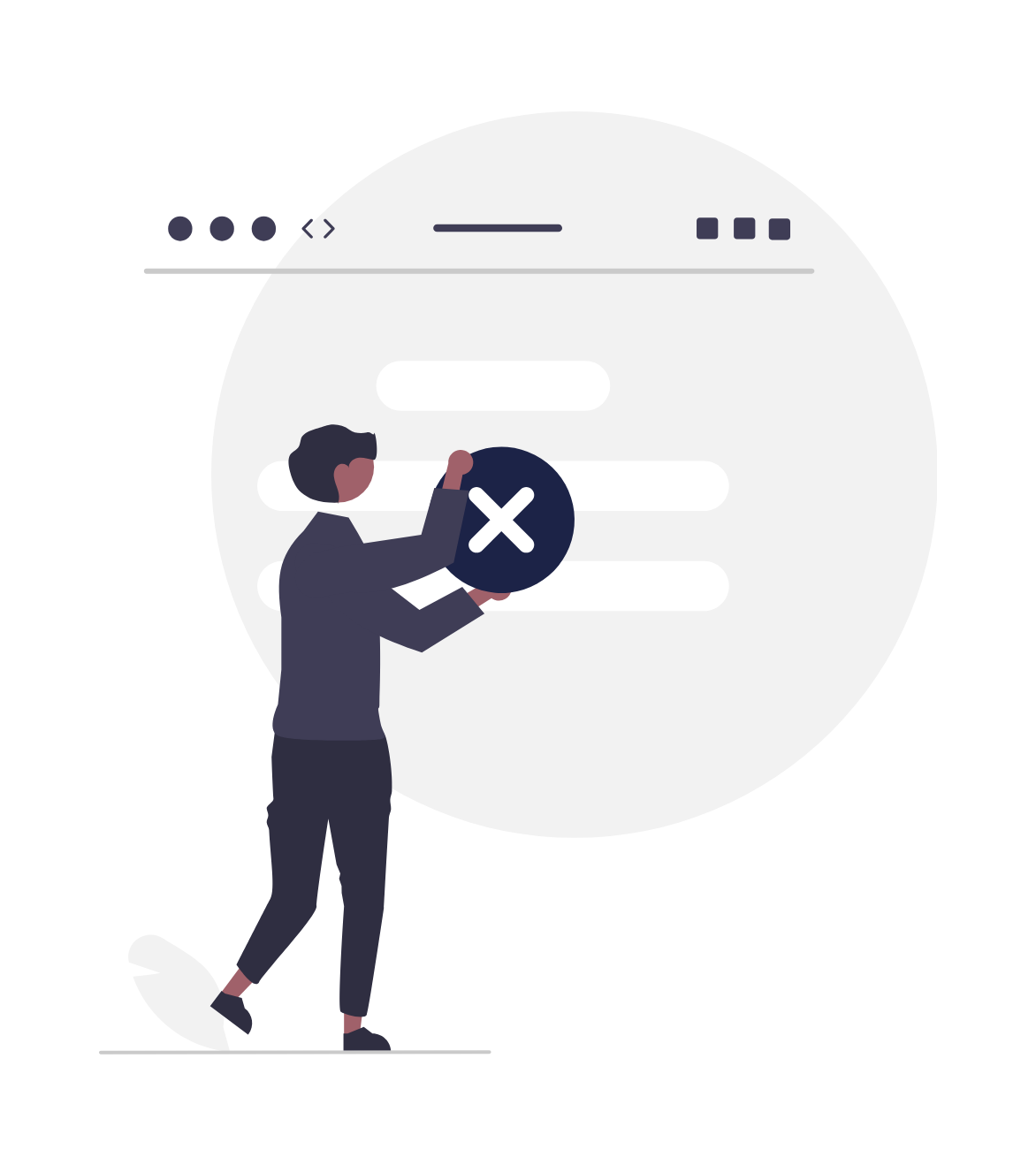 A flat vector illustration of a person holding a large dark circle with a white 'X' inside it. They are standing in front of a stylized web browser window with a light grey circular backdrop.