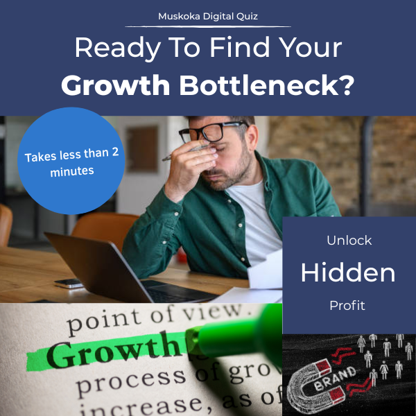 A marketing graphic titled "Muskoka Digital Quiz" featuring the headline "Ready To Find Your Growth Bottleneck?". The image is a collage: the top half shows a stressed businessman sitting at a desk with a laptop, holding his face in his hand, with a blue circle overlay that reads "Takes less than 2 minutes." The bottom right features a navy blue box with the text "Unlock Hidden Profit." The remaining corners show a dictionary entry for the word "Growth" highlighted in green, and a chalk drawing of a magnet labeled "BRAND" pulling in stylized people figures.